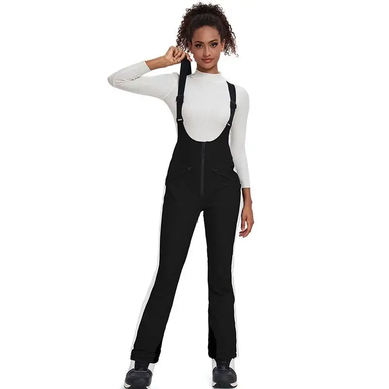 Elegant Winter Snow Bibs Pants Women High Waist Ski Overalls