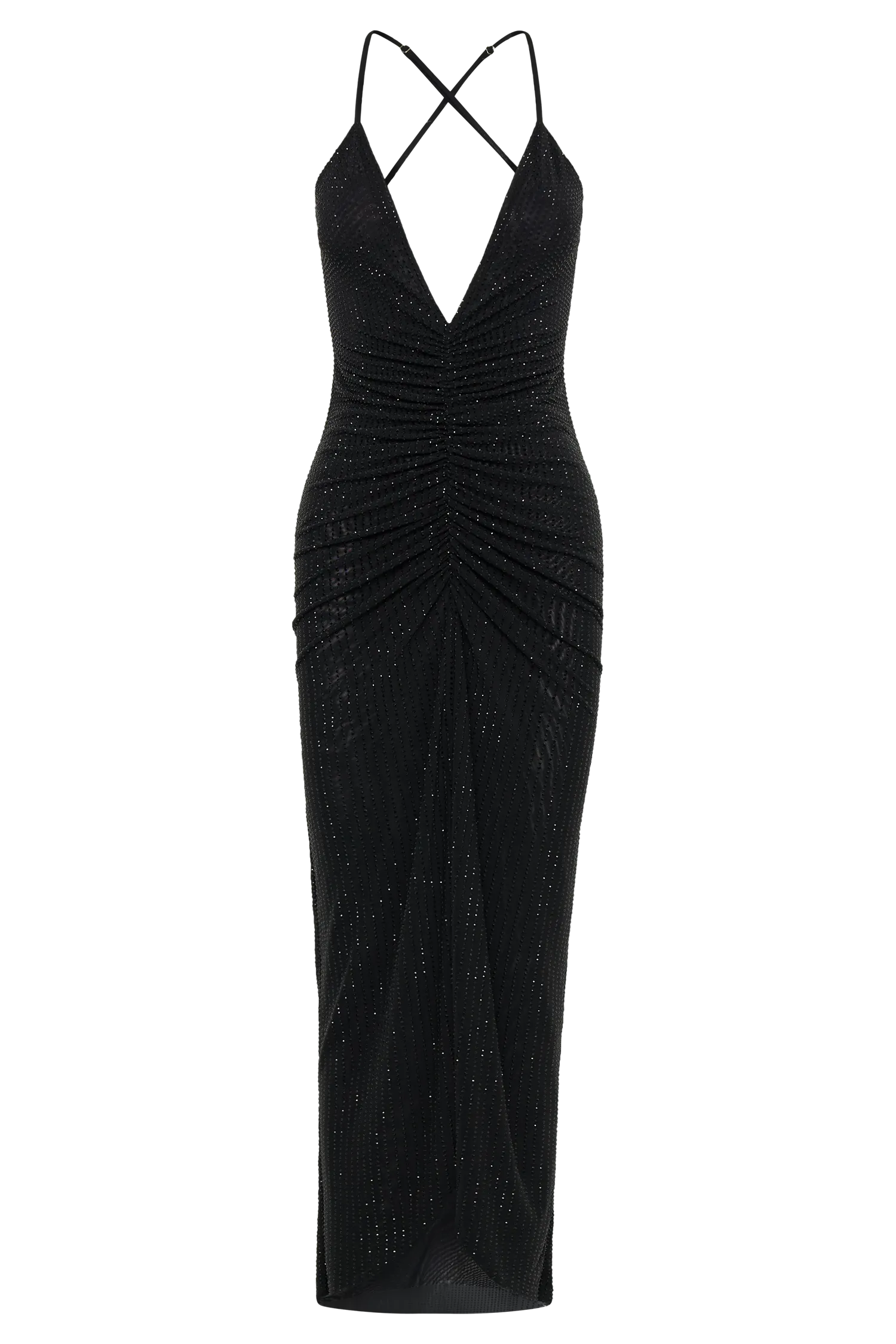 Emeraude Diamante Ruched Midi Dress - Black