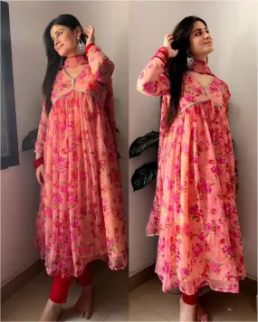 Exquisite Peach Floral Nayra Cut Kurti with Fancy Puff Sleeves & Flared Silhouette