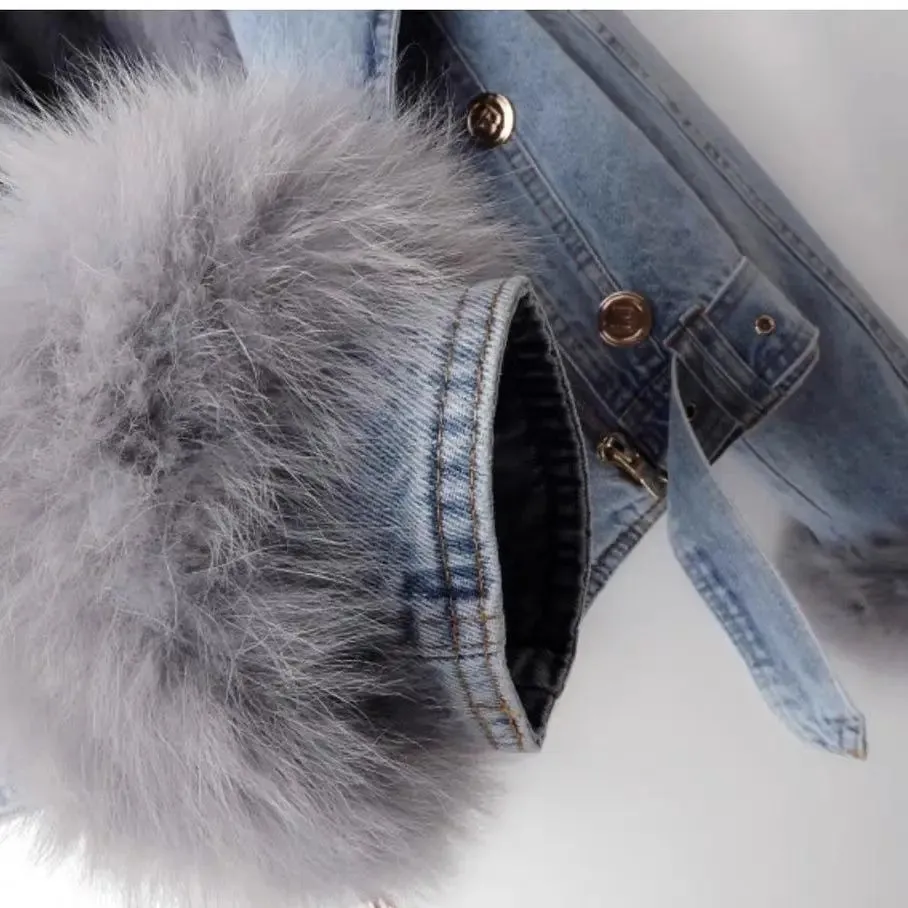 Faux Fox Fur Collar Jean Coat