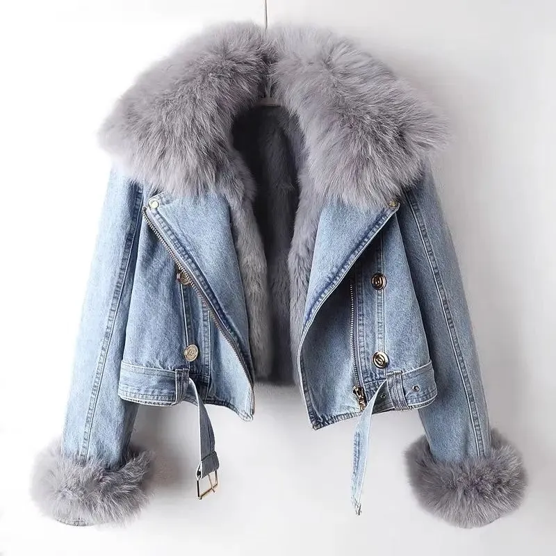 Faux Fox Fur Collar Jean Coat