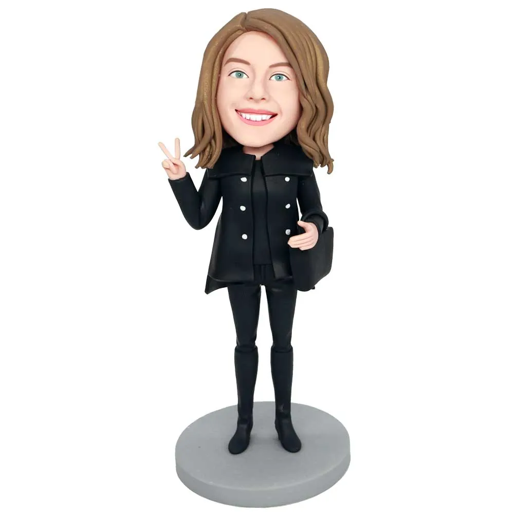 Female In Black Coat With A Bag Custom Figure Bobbleheads