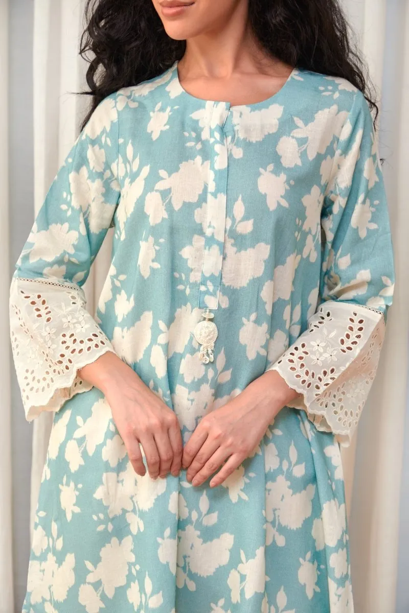 Flared Aqua Cutwork Linen Co-ord Set