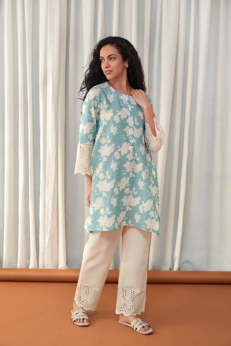 Flared Aqua Cutwork Linen Co-ord Set