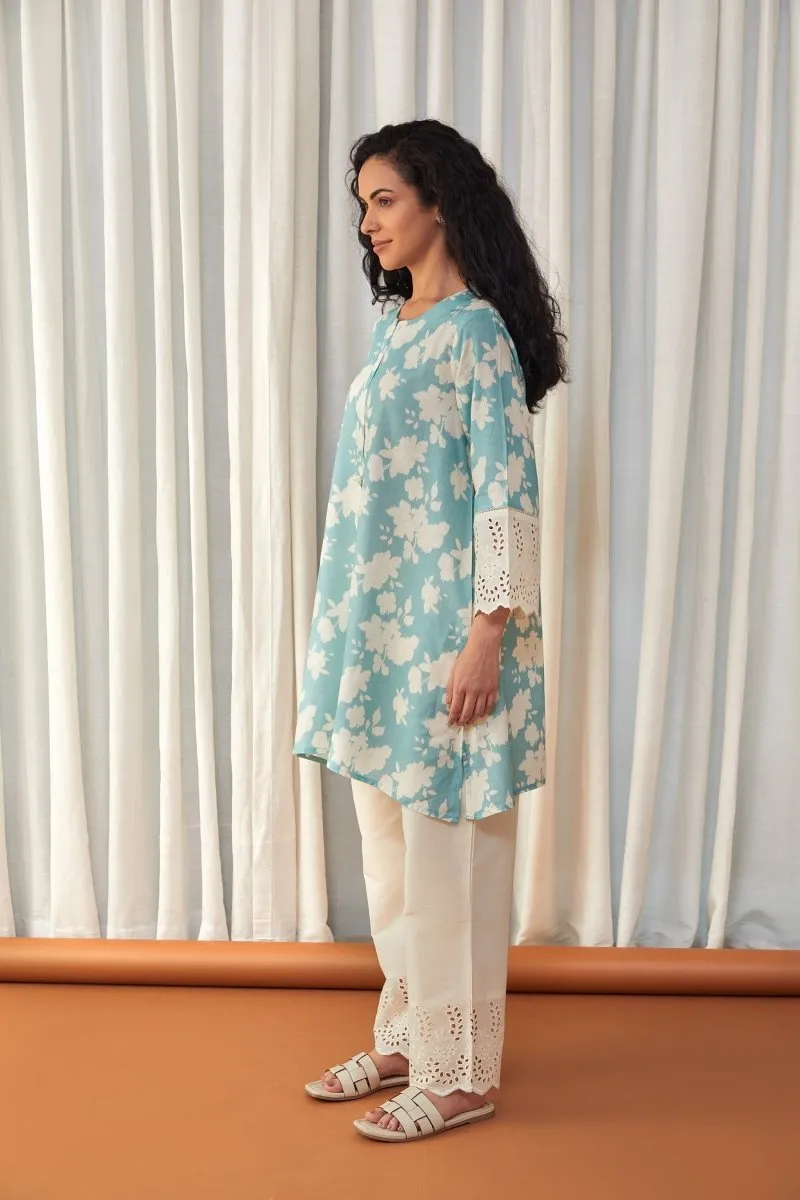 Flared Aqua Cutwork Linen Co-ord Set