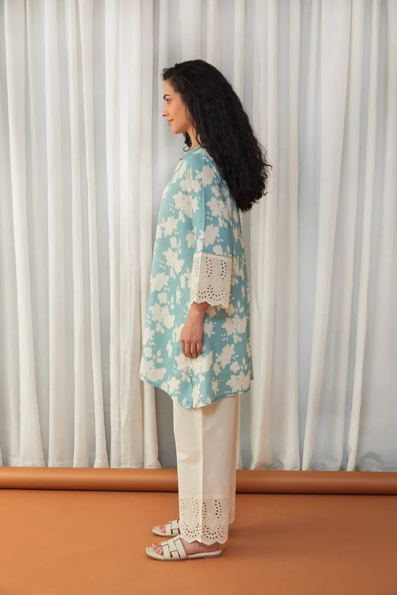 Flared Aqua Cutwork Linen Co-ord Set