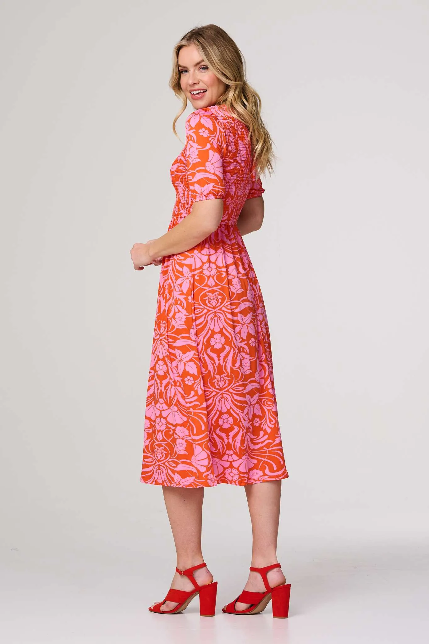 Floral Smocked Detail Midi Dress