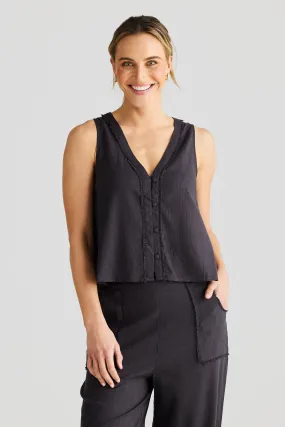 Fray Button Up Top - Charcoal