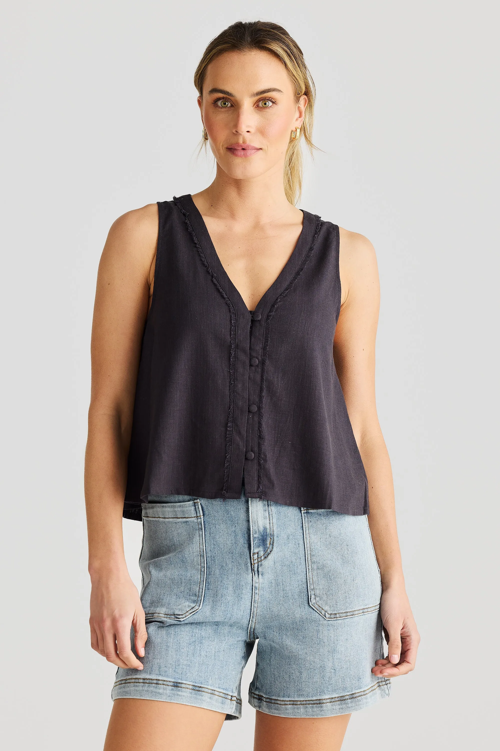 Fray Button Up Top - Charcoal