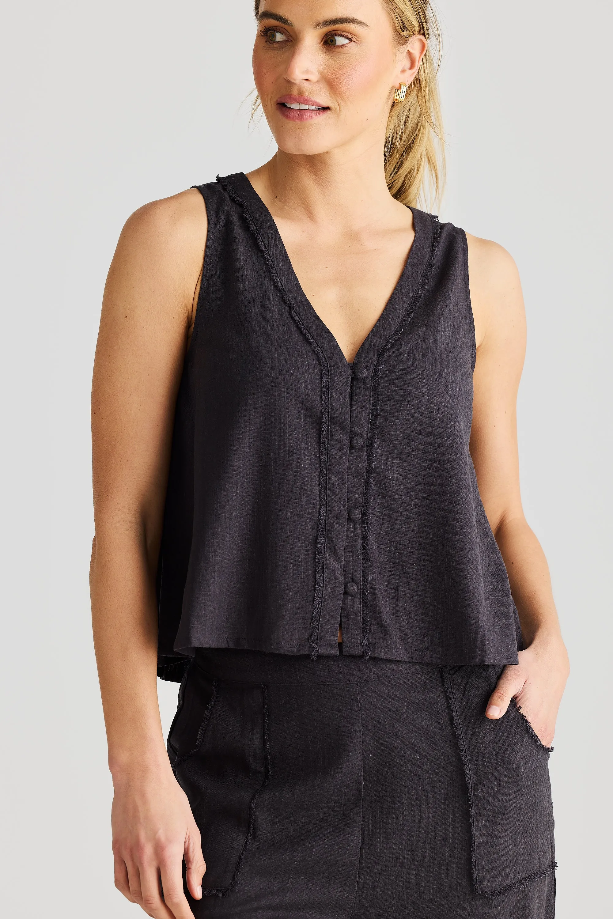 Fray Button Up Top - Charcoal