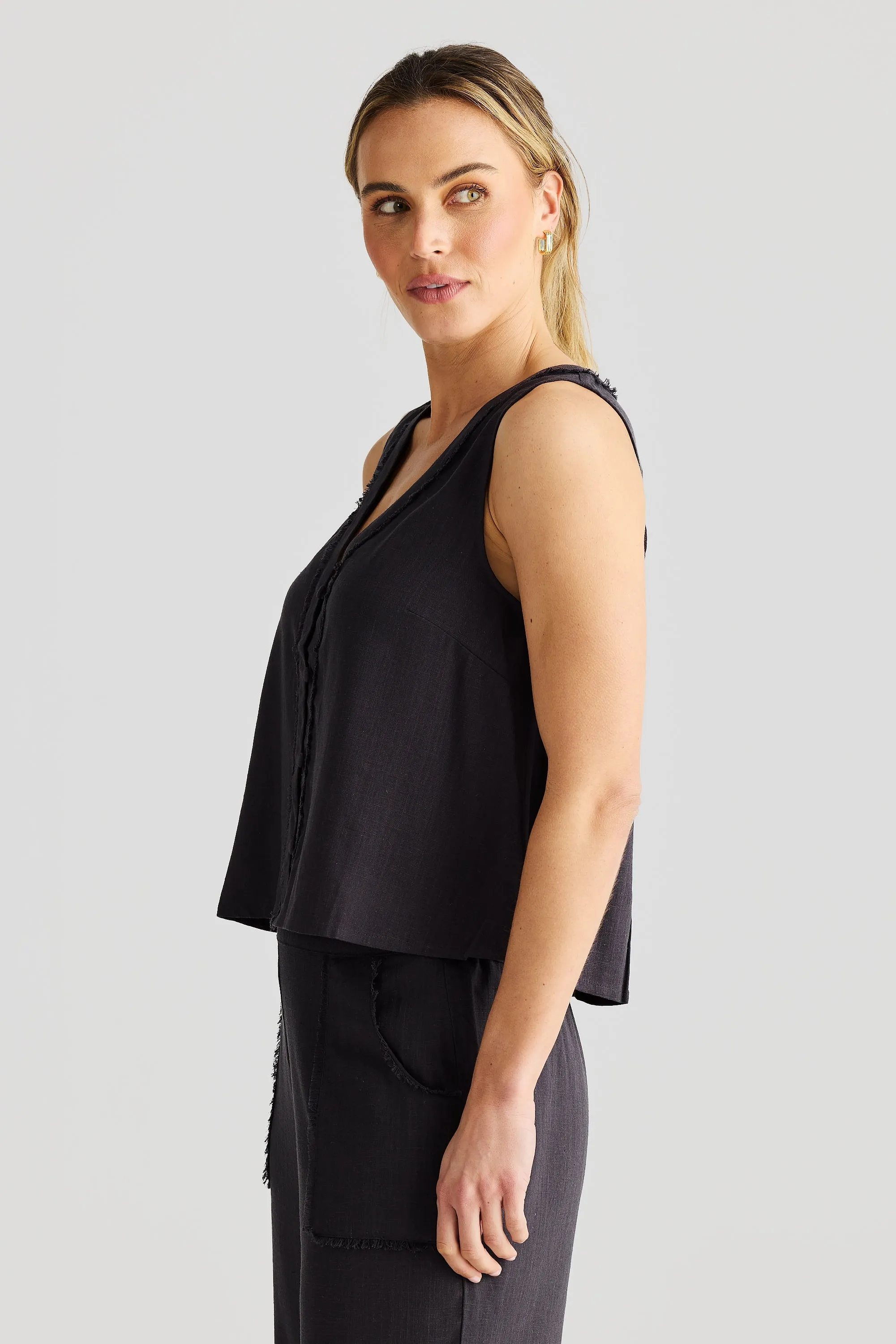 Fray Button Up Top - Charcoal