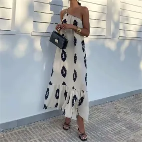 French Minority One Shoulder Cold Shoulder Sexy Print Dress Autumn Winter Asymmetric Design High Waist A Line Slip Dress