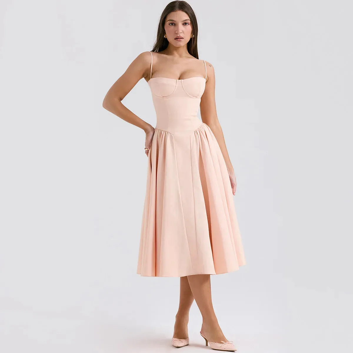 Frill Hem Midi Dresses Elegant Sleeveless Birthday Pleated Fairy Slip Corset Sundress Holiday Gown