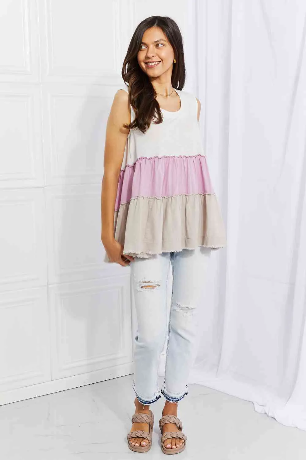 Full Size Watching the Sunset Color Block Babydoll Top