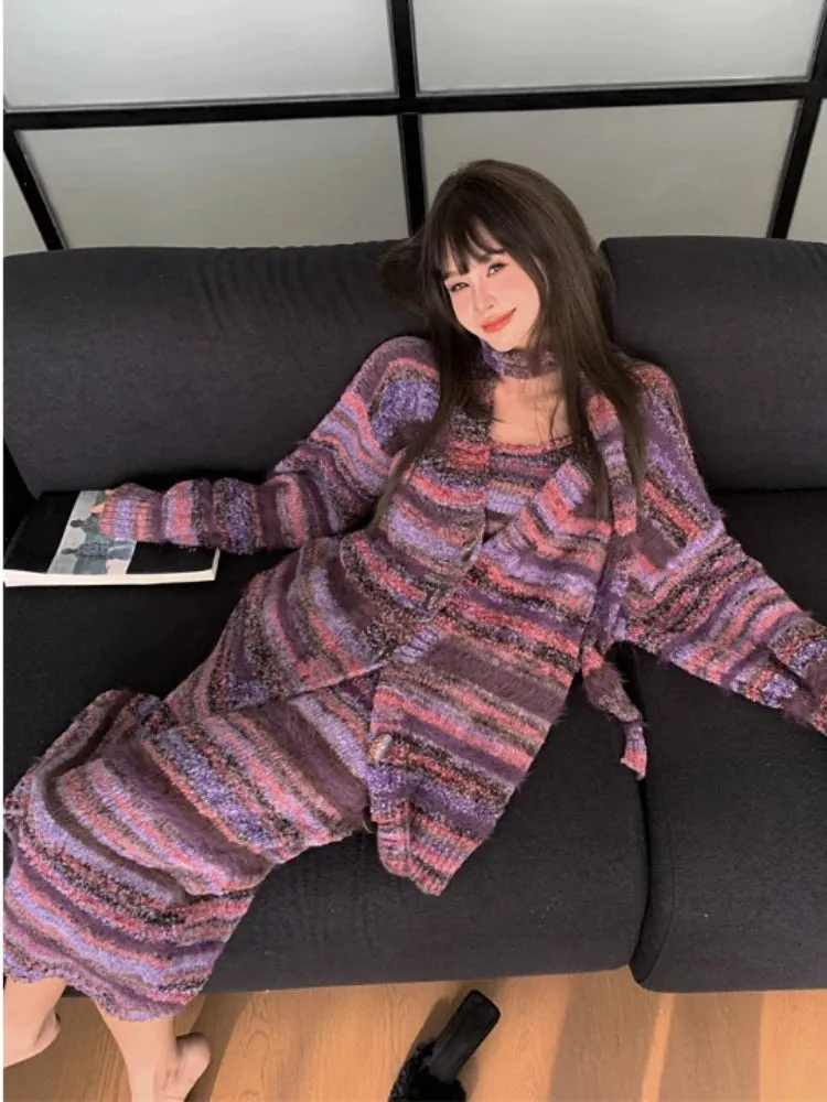 Girlary  2024 Purple Striped Elegant 2 Piece Set Women Patchwork Y2k Vintage Short Party Midi Dress Suit Female France Winter Casual Sets