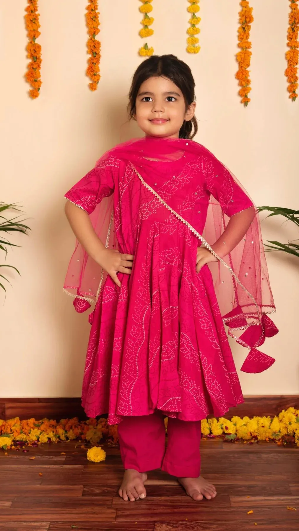 Girls Cotton Pink Bandhej Print Anarkali Set