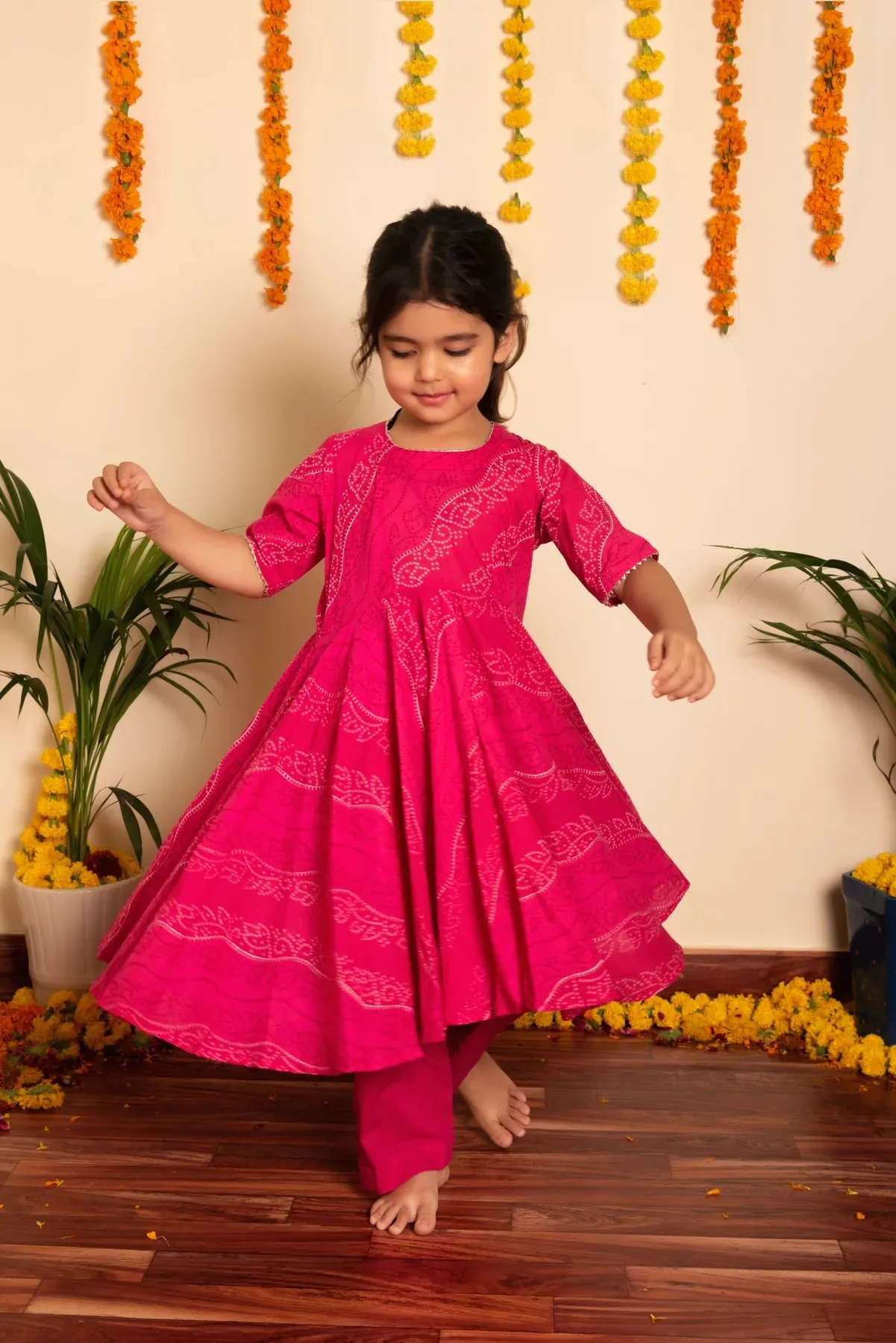 Girls Cotton Pink Bandhej Print Anarkali Set