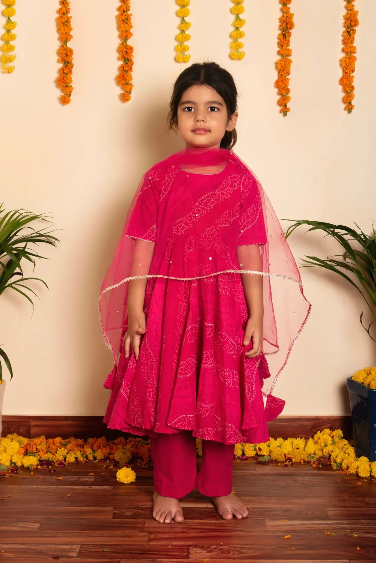 Girls Cotton Pink Bandhej Print Anarkali Set