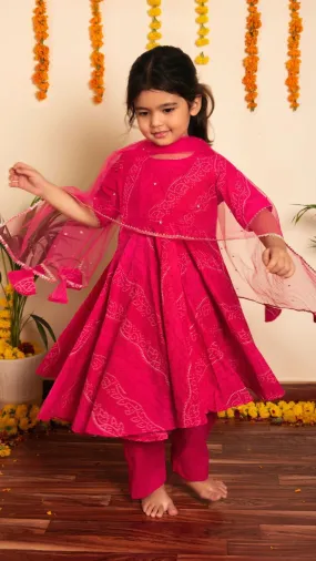 Girls Cotton Pink Bandhej Print Anarkali Set