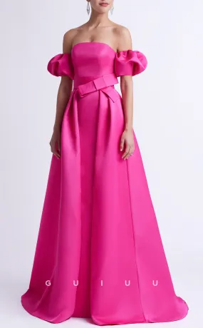 GM288 -  Elegant A-Line Off Shoulder Satin Long Cocktail Dress with Train