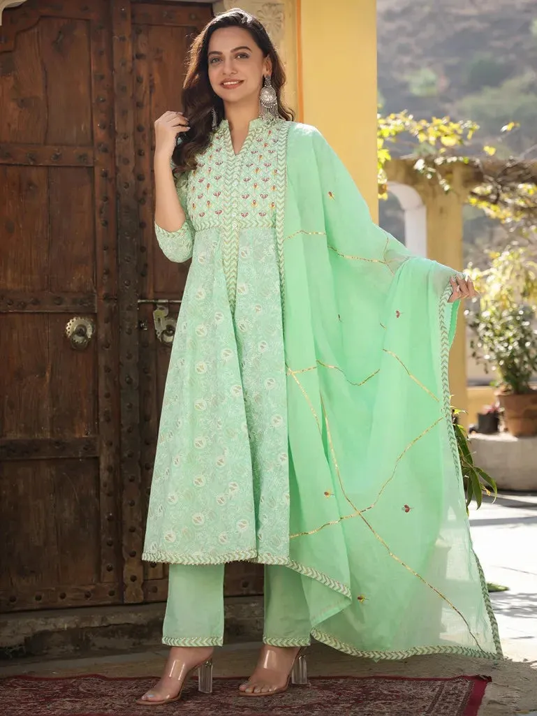 Green & Beige Cotton Printed & Embroidered Anarkali Set with Organza Dupatta