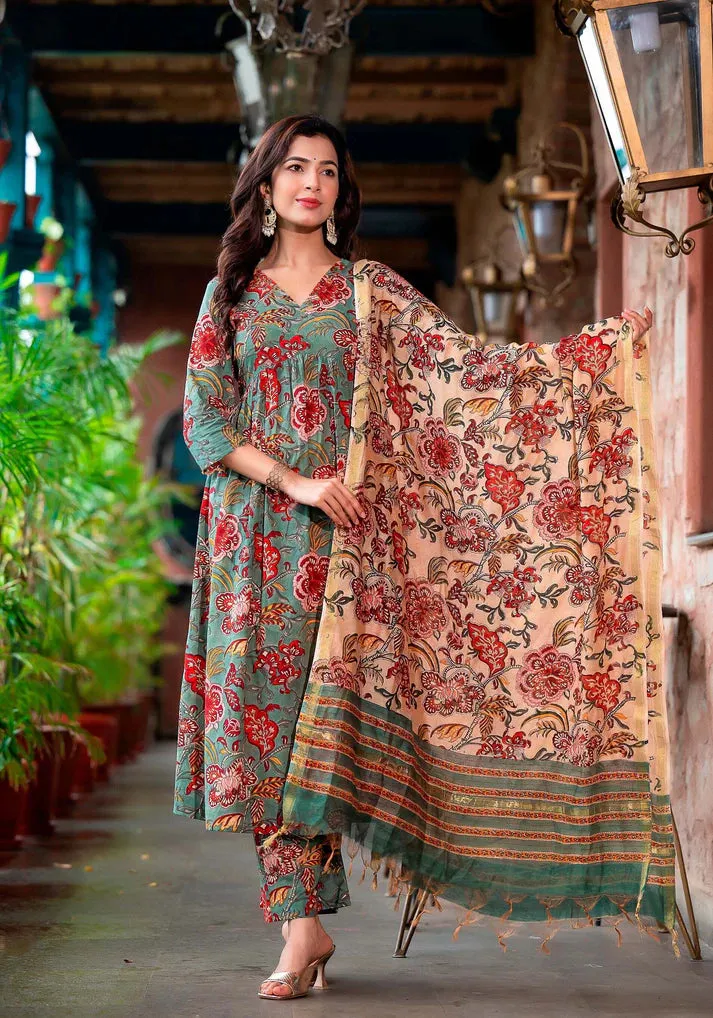 Green & Beige Viscose Floral Print Straight Shape Suit Set with Chanderi Cotton Dupatta