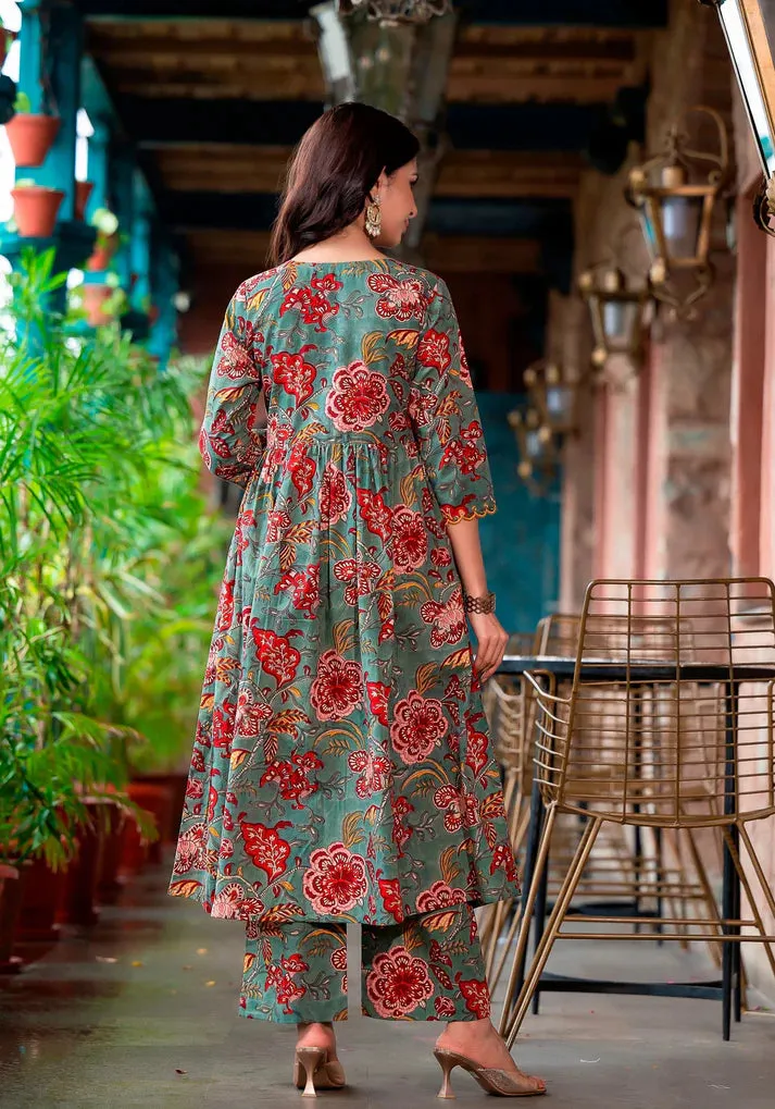 Green & Beige Viscose Floral Print Straight Shape Suit Set with Chanderi Cotton Dupatta