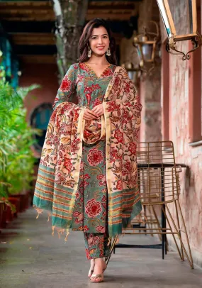 Green & Beige Viscose Floral Print Straight Shape Suit Set with Chanderi Cotton Dupatta