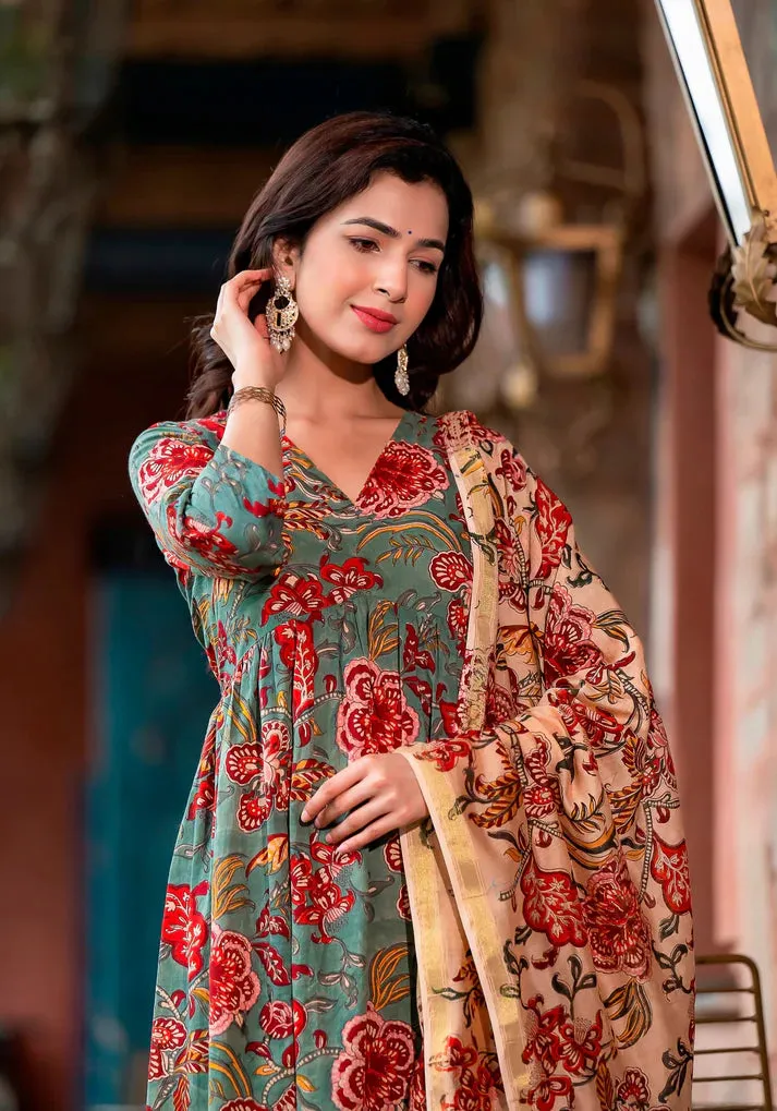 Green & Beige Viscose Floral Print Straight Shape Suit Set with Chanderi Cotton Dupatta