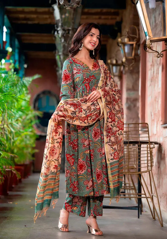 Green & Beige Viscose Floral Print Straight Shape Suit Set with Chanderi Cotton Dupatta