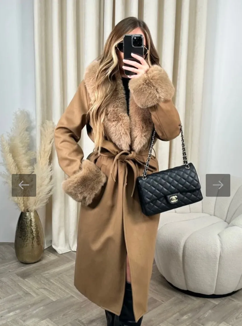 Hazel camel felt faux fur long coat