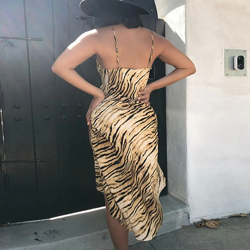 Hem Animal Print High Split Sleeveless Midi Dress - Tiger