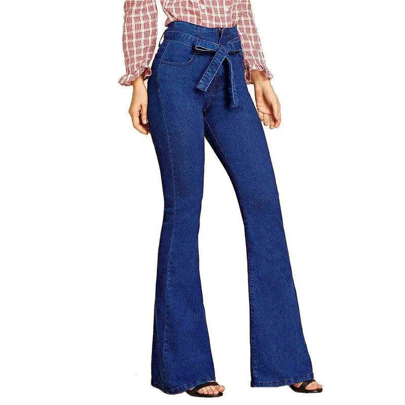 High Waist Sky Blue High Elastic Slim Tie Wide Leg Flared Jeans