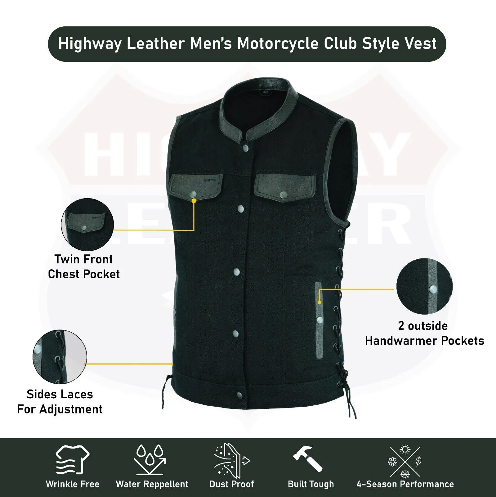 HL21685BLACK Men's Motorcycle Denim OUTLAW SOA Club Style Vest with Side Laces