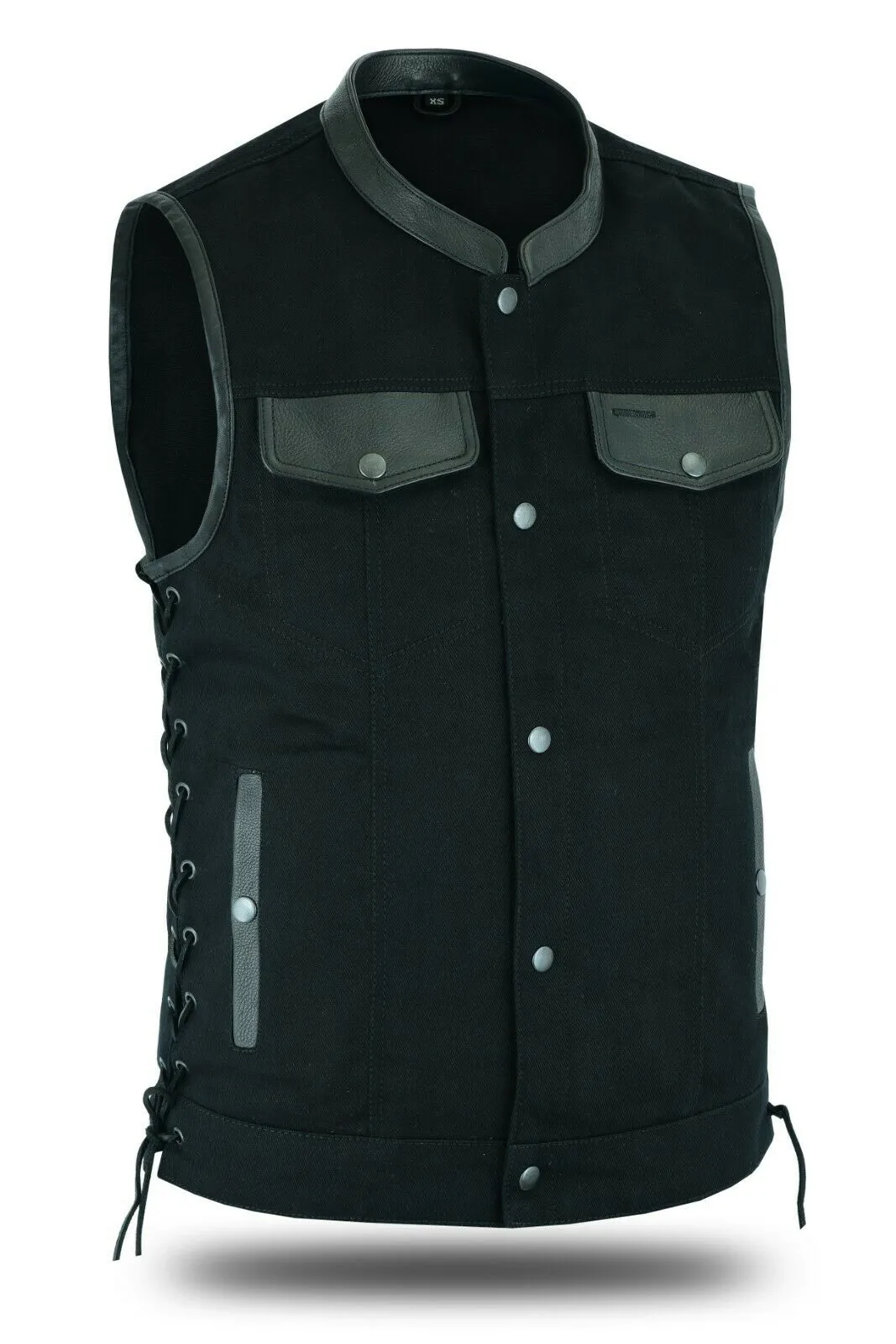 HL21685BLACK Men's Motorcycle Denim OUTLAW SOA Club Style Vest with Side Laces