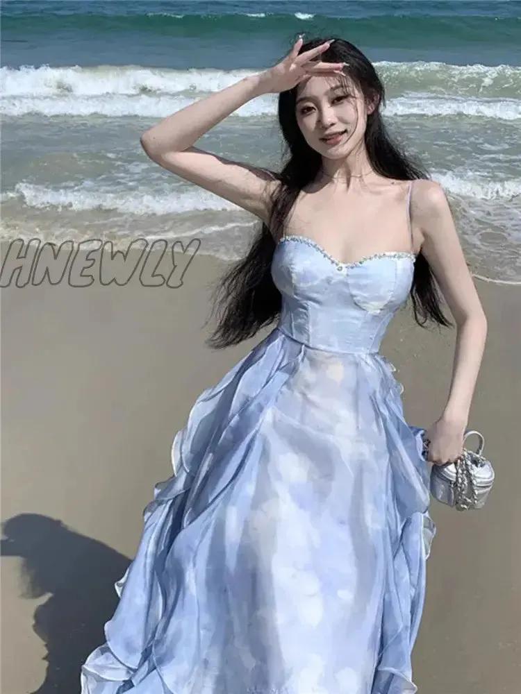 Hnewly 2024 Summer Blue Fairy Midi Holiday Dress Ruffles Sexy Strap Slip Dress Sleeveless Vacation Beach Seaside Photo Skirt