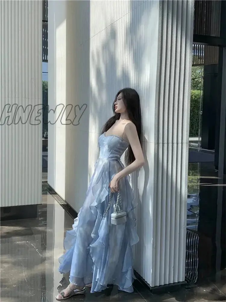 Hnewly 2024 Summer Blue Fairy Midi Holiday Dress Ruffles Sexy Strap Slip Dress Sleeveless Vacation Beach Seaside Photo Skirt