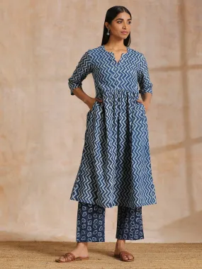 Indigo Dabu Zig-Zag Lines Print Cotton Flared Kurta Pant Set