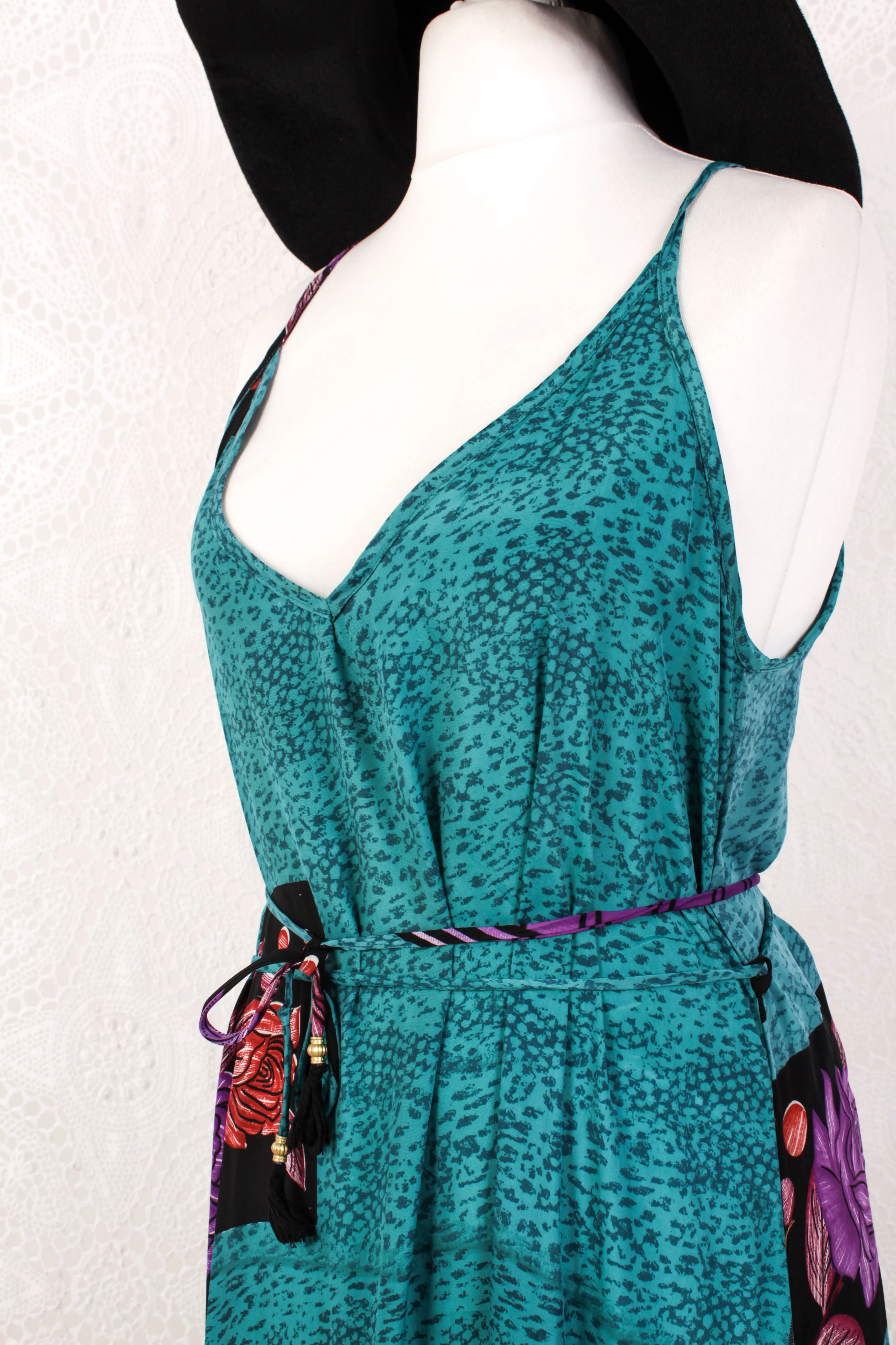 Jamie Dress - Indian Sari Slip Dress - Teal, Onyx & Purple Bold Floral - Size M/L