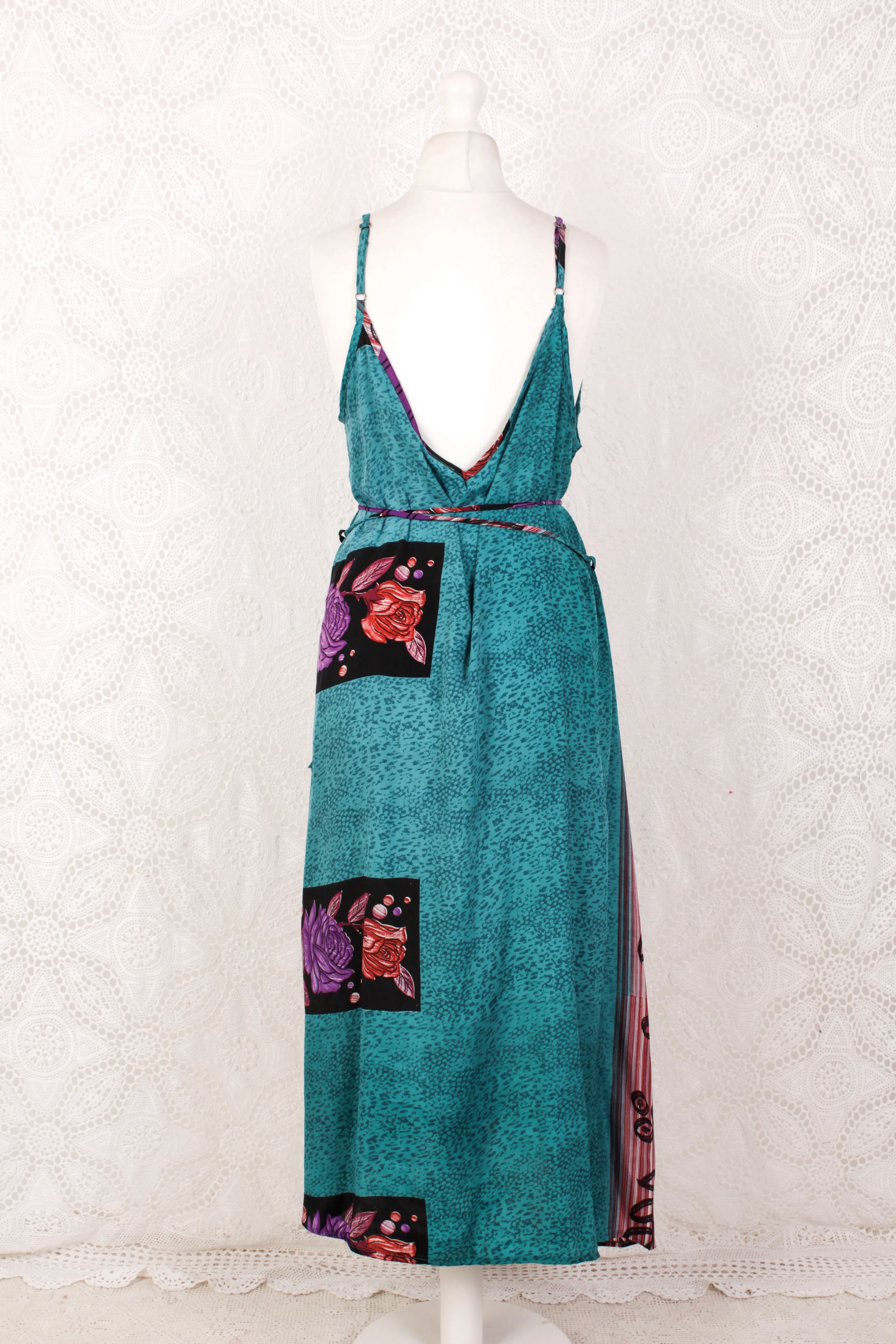 Jamie Dress - Indian Sari Slip Dress - Teal, Onyx & Purple Bold Floral - Size M/L