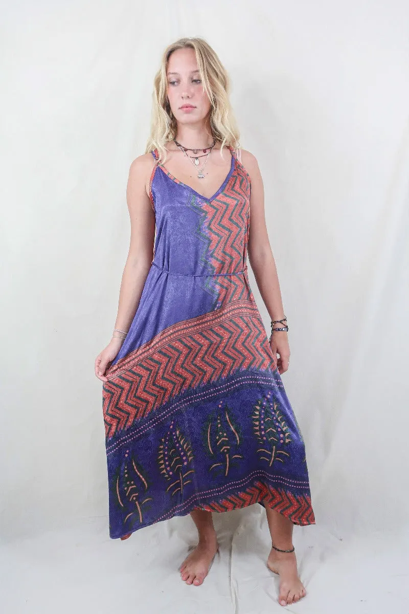 Jamie Dress - Indian Sari Slip - Rust Red & Violet Chevron - Size S/M