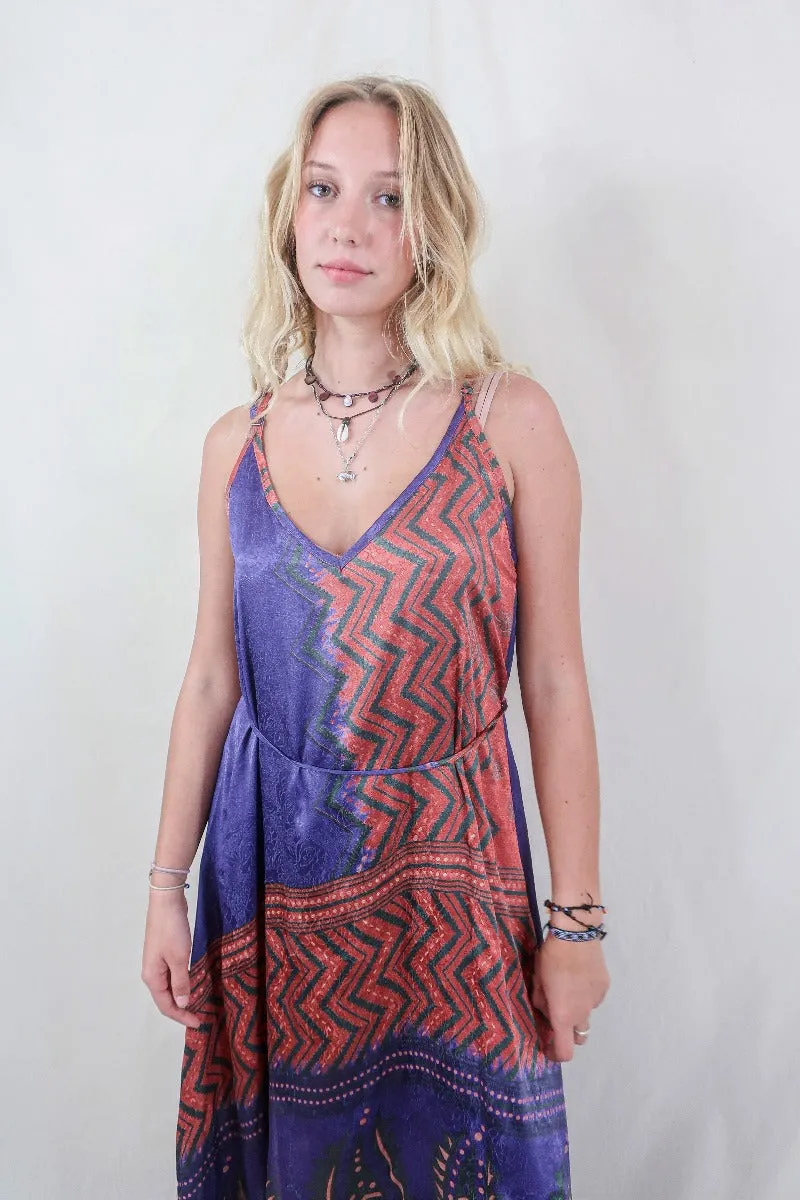 Jamie Dress - Indian Sari Slip - Rust Red & Violet Chevron - Size S/M