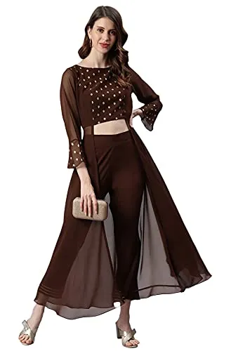 Janasya Women's Brown Georgette Ethnic Motifs Top with Pant(SET273-KR-NP-XS)