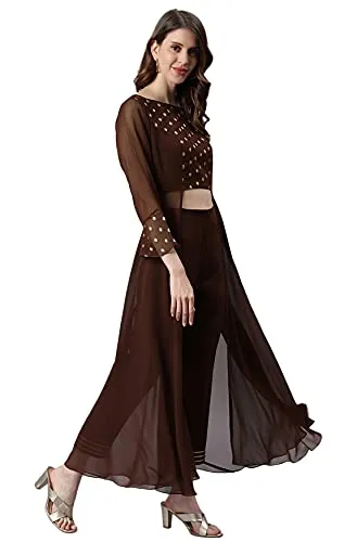 Janasya Women's Brown Georgette Ethnic Motifs Top with Pant(SET273-KR-NP-XS)