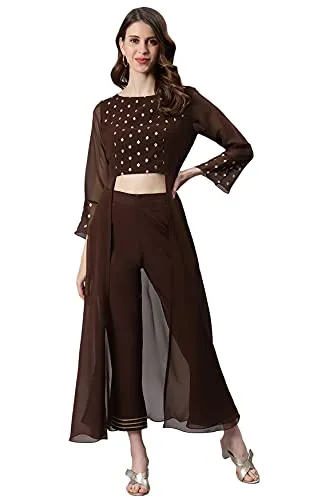 Janasya Women's Brown Georgette Ethnic Motifs Top with Pant(SET273-KR-NP-XS)