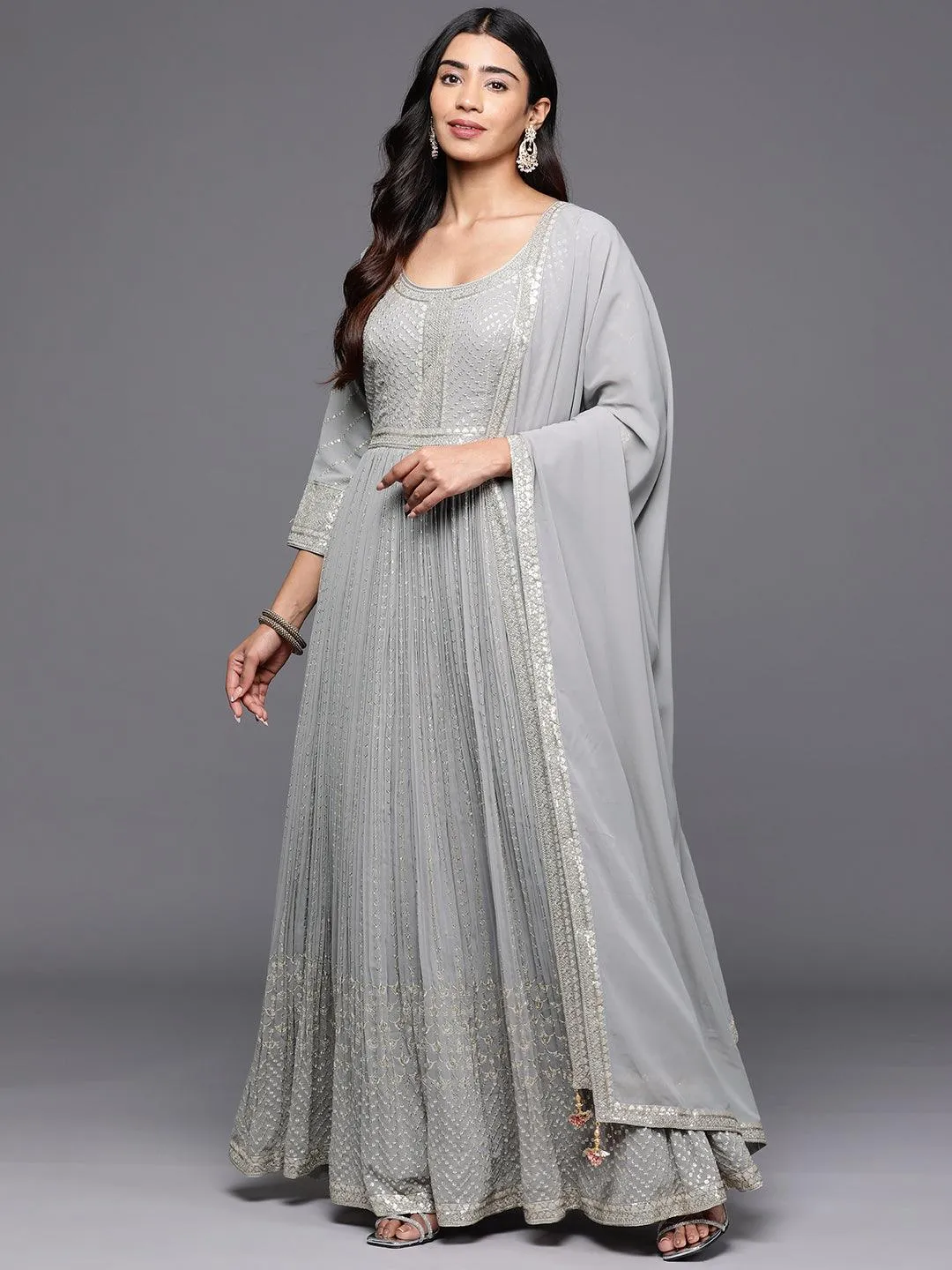 Jashvi Art Grey Embroidered Georgette Anarkali Suit With Dupatta