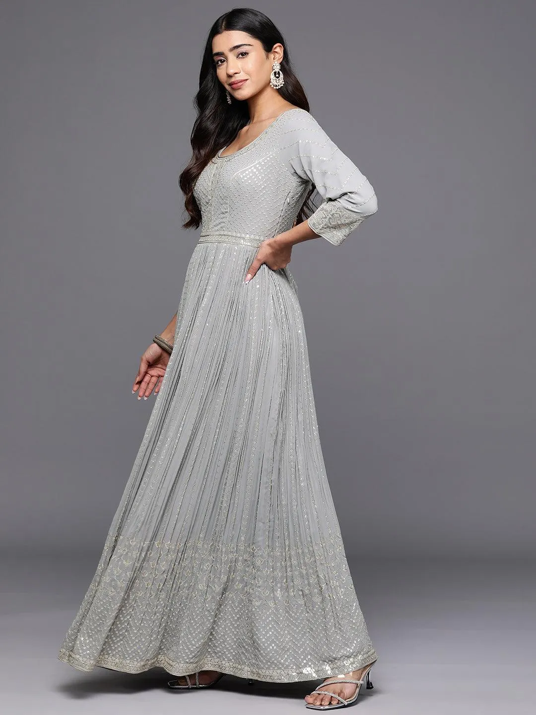 Jashvi Art Grey Embroidered Georgette Anarkali Suit With Dupatta