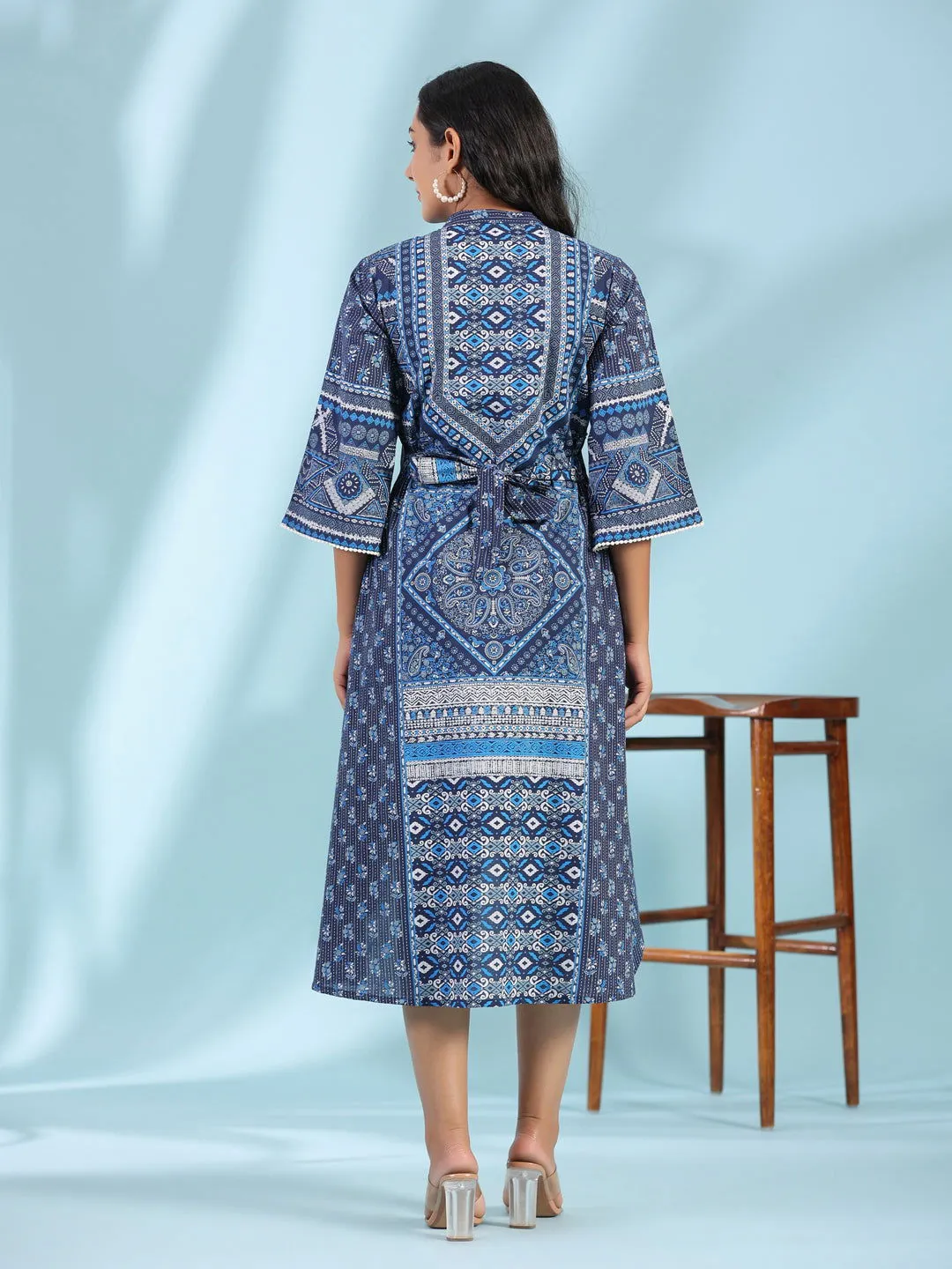 Jashvi Blue Geometric Printed Pure Cotton Asymmetric Midi Dress With Lace Work