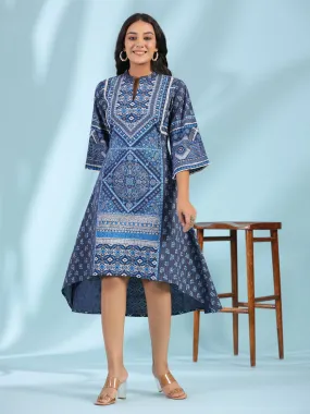 Jashvi Blue Geometric Printed Pure Cotton Asymmetric Midi Dress With Lace Work