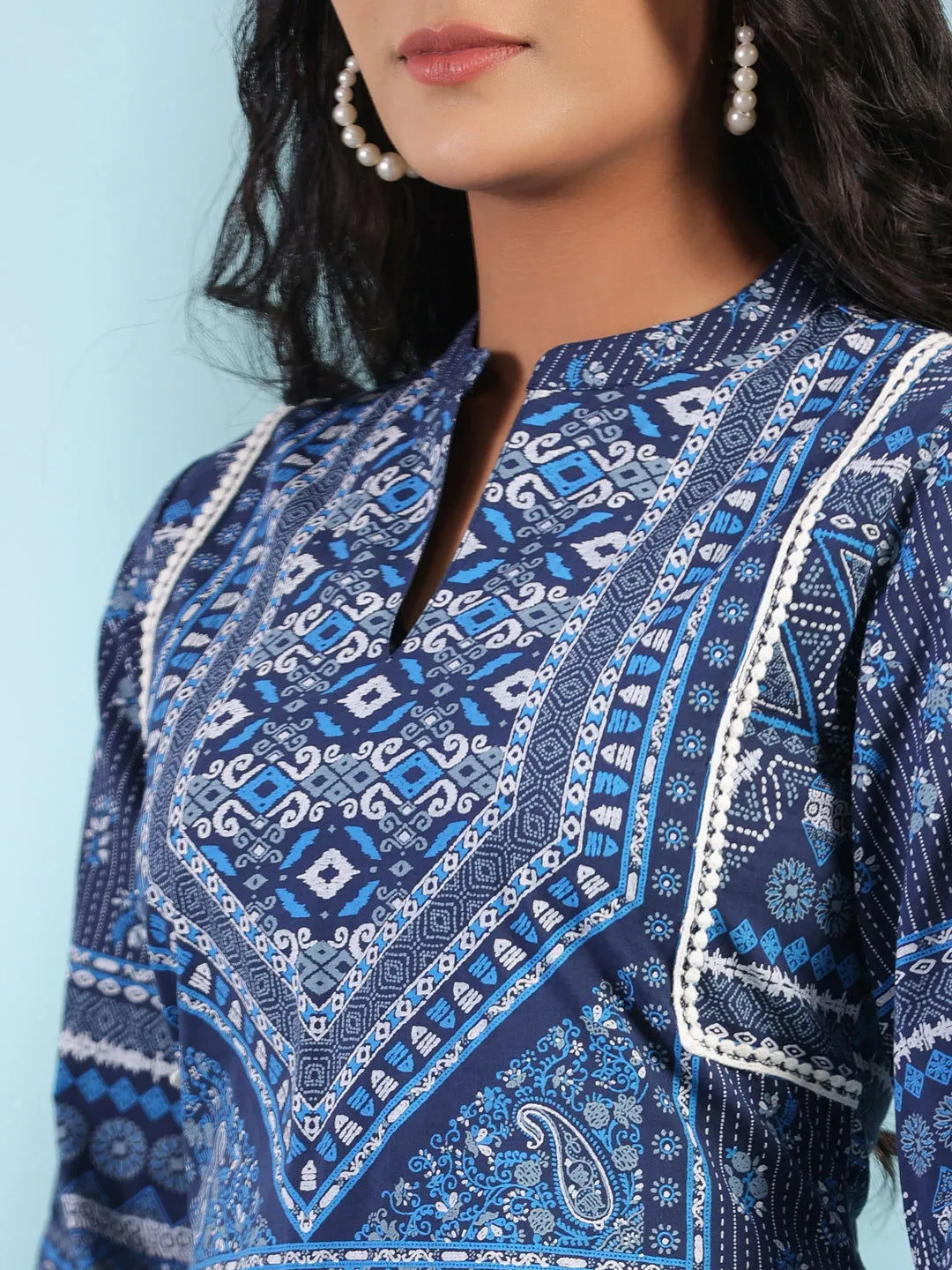 Jashvi Blue Geometric Printed Pure Cotton Asymmetric Midi Dress With Lace Work